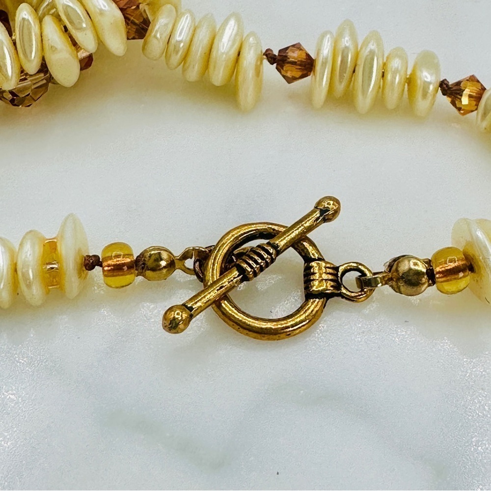 Vintage Stone Pendant Necklace Embroidery Bead Edge Leather Back 25” Long 70s - Picture 7 of 10